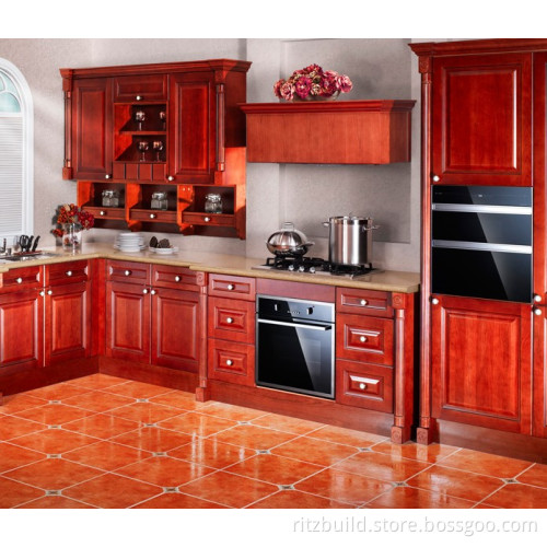 American Style Solid Wood Kitchen Cabninets Glossy Finished Furniture Cabinet